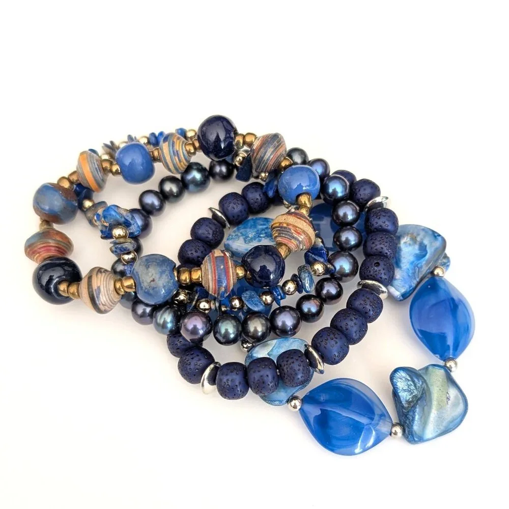5 shades of blue layering beaded bracelets